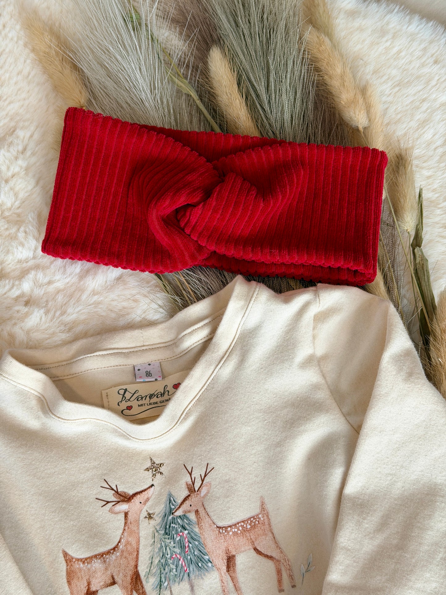 Set: Weihnachtskleid Reh & Knotenstirnband | Bio | Größe 86