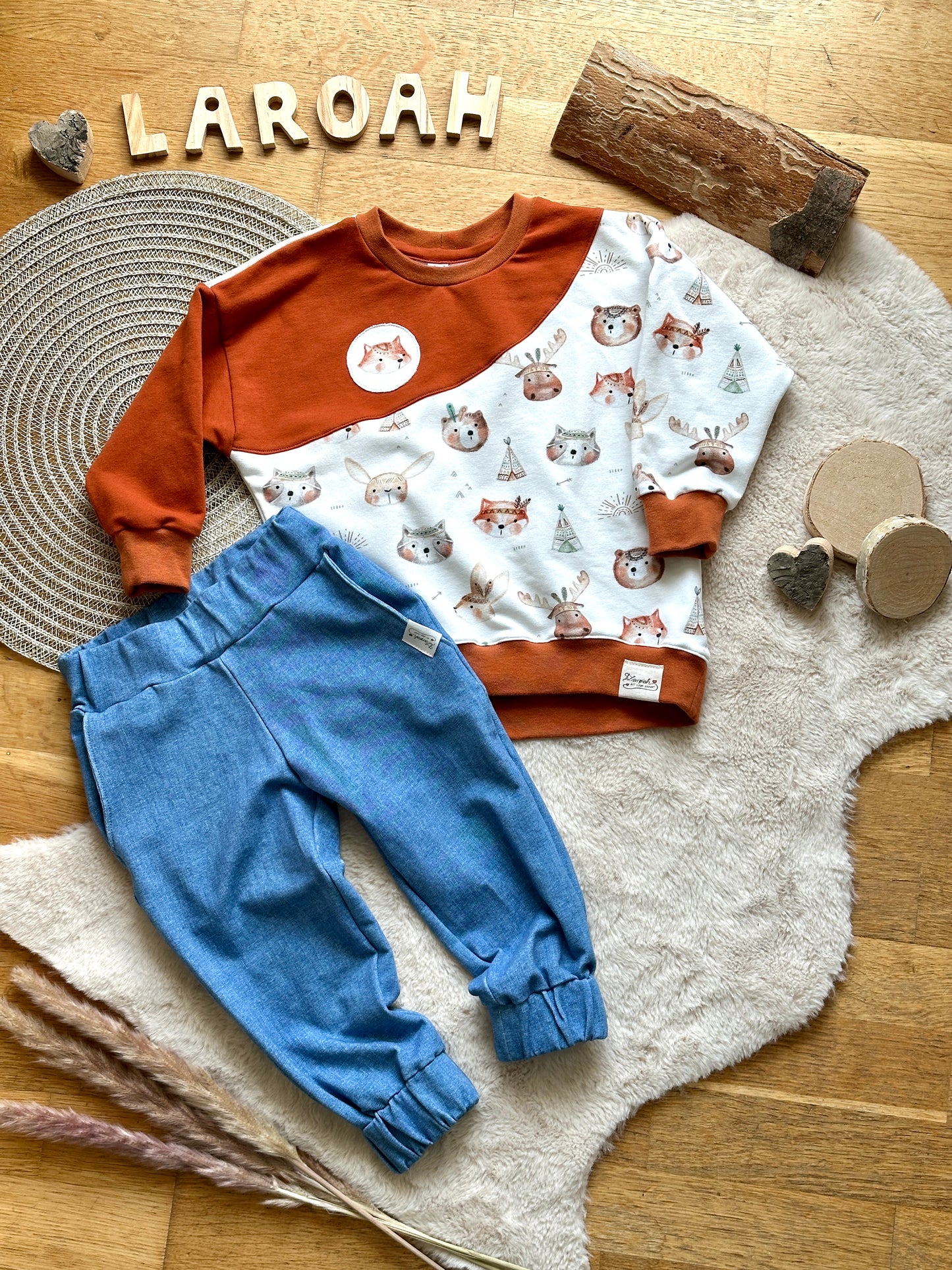 01 |  SET |  Sweater Waldtierfreunde Fuchs & Jogger Jeanslook | Bio | Größe 92