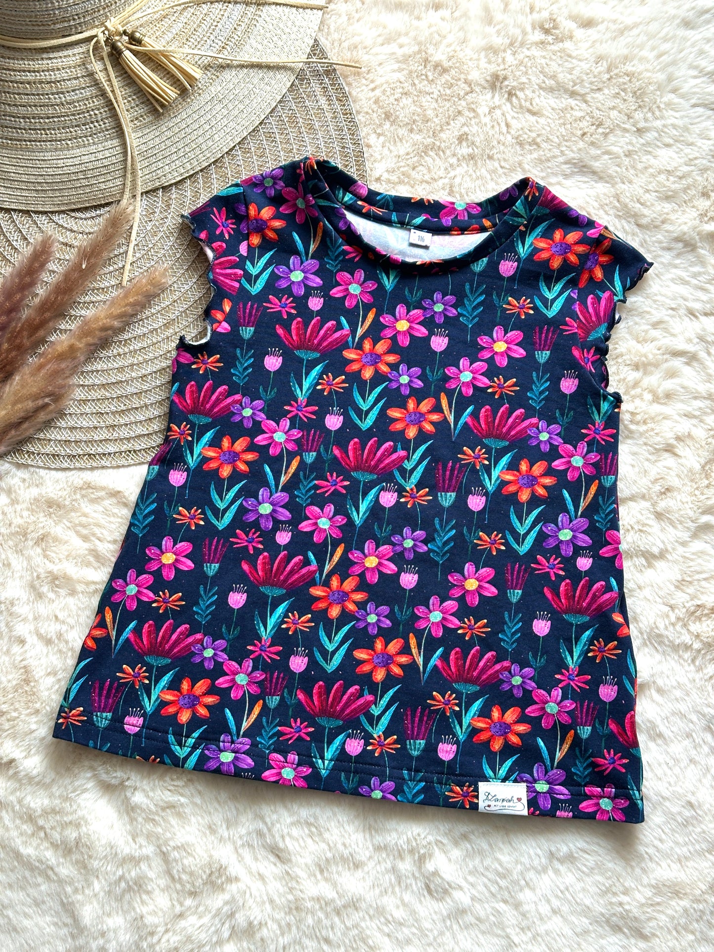 01 |  SET |  Mädchen Sommer-Set Hosenrock Jeanslook & Shirt Aquaflowers | Bio | Größe 116