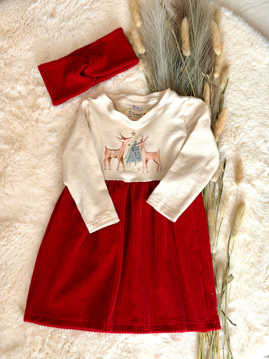Set: Weihnachtskleid Reh & Knotenstirnband | Bio | Größe 86