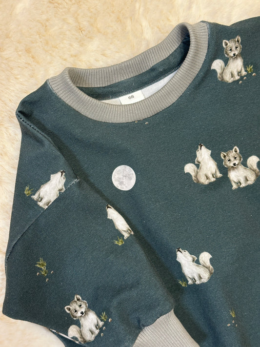 Baby Set 62/68: Sweater Wölfe & Pumphose grau & Wendemütze