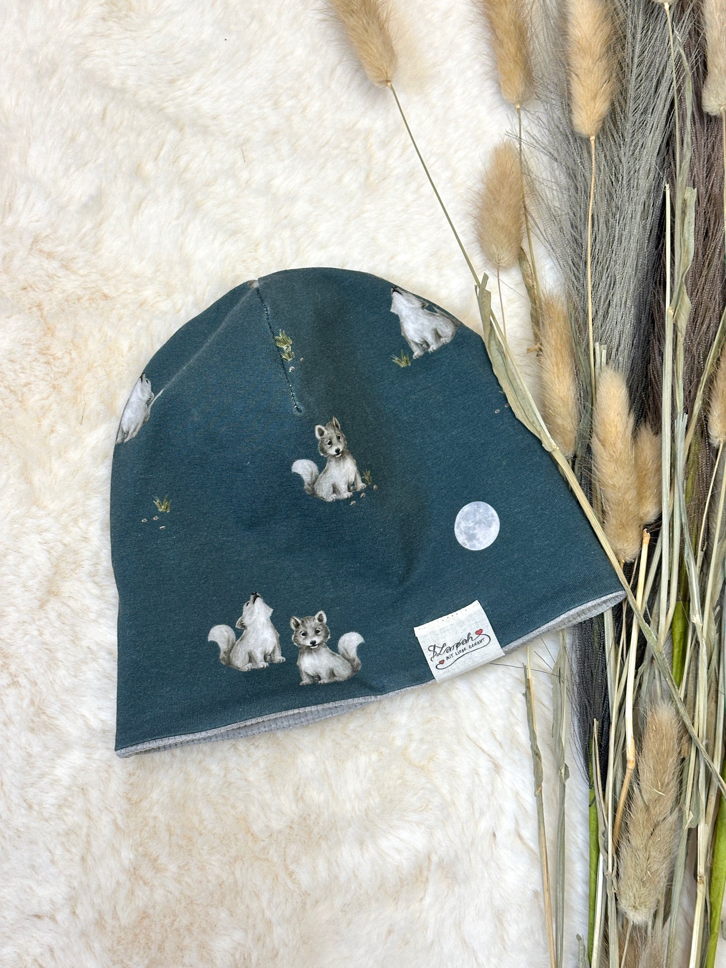 Baby Set 62/68: Sweater Wölfe & Pumphose grau & Wendemütze